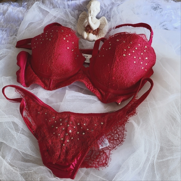 NWOT BRAS N THINGS sz 12B 2 piece lingerie set in Christmas red with diamantes - Picture 9 of 16